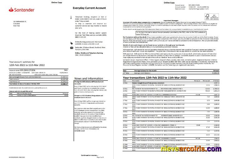 United Kingdom Santander bank statement Word and PDF, 3 pages, version 2